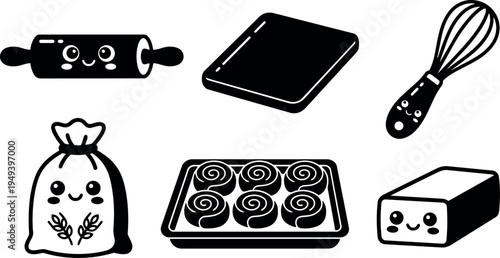 Cute kawaii style black and white baking tools and ingredients with smiling faces rolling pin dough bag whisk tray and butter block vector art