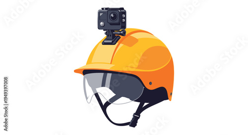 A vibrant yellow construction helmet with an action camera mounted on top presented as a silhouette high quality professional detailed modern