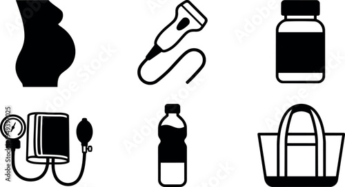 Minimalist vector set of ultrasound probe blood pressure cuff pregnant belly bottle and handbag medical and lifestyle icons