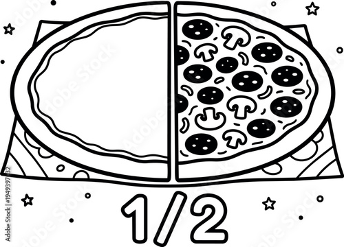 Black and white line art half pizza with mushrooms and pepperoni on slice showing one half empty half drawn in vector style