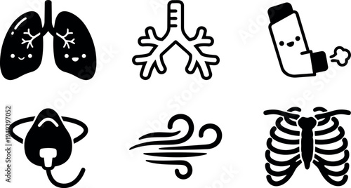 Minimalist vector lungs bronchi inhaler mask rib cage air flow medical respiratory icons set