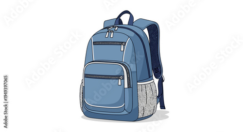 Blue Backpack with Multiple Pockets and Straps.