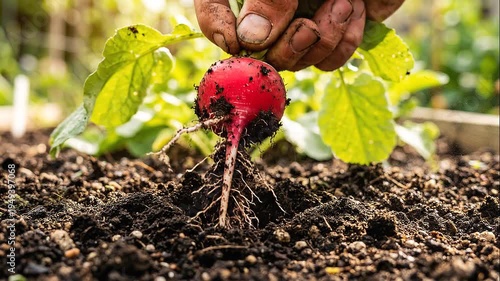Close up of a hand pulling a fresh red radish out of the dark soil in a vegetable garden