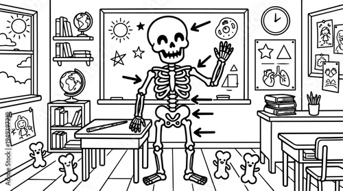 Black and white line art skeleton pointing to bones in classroom with blackboard and educational posters around bright daylight window