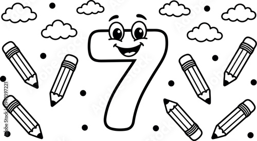 Happy smiling number seven character surrounded by scattered pencils and floating clouds black and white vector illustration