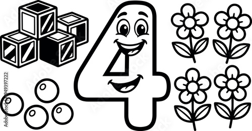 Black and white line art smiling number four with four flowers four ice cubes and four small balls simple education counting illustration