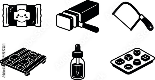 Black and white flat design cute candy mochi sushi rolling mat kitchen knife cooking tools vector icons set