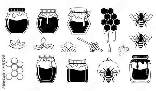 Pixel Perfect Black and White Honey Vector Illustration Set with Flat and Decorative Elements