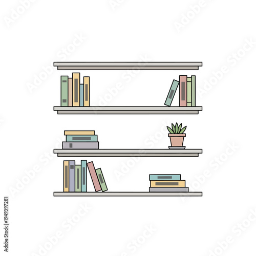 Bookshelves with Books and Potted Plants.