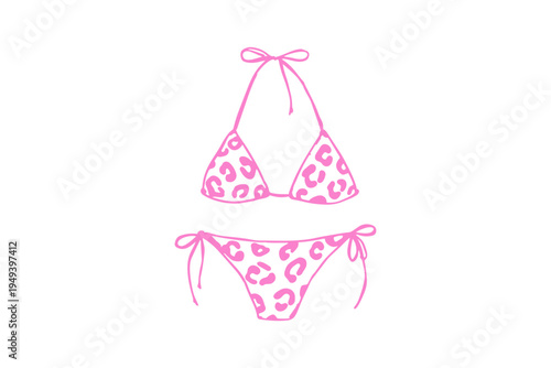 Hand Drawn Summer Beach Doodle Pink Leopard Print Bikini Swimwear Design