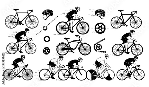 Black and White Bicycle and Cyclist Vector Clip Art Set for Cycling Designs