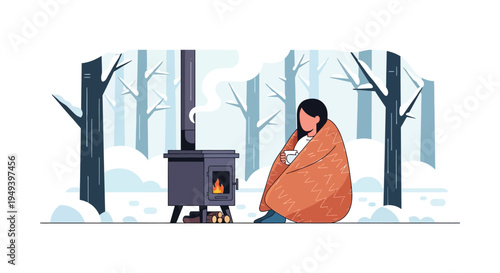 A person wrapped in a blanket warms hands with a mug near a wood stove in a winter forest silhouette