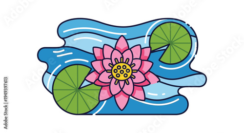 A colorful illustration depicts a pink lotus flower and green lily pads floating on blue water silhouette high quality professional detailed
