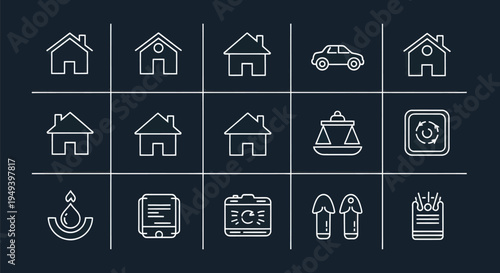 Set of linear vector icons on dark backdrop