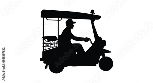 A black silhouette depicts a man driving a golf cart showcasing a classic transportation method silhouette high quality professional detailed modern