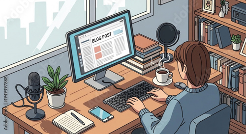 Man working on computer with microphone and coffee on transparent background