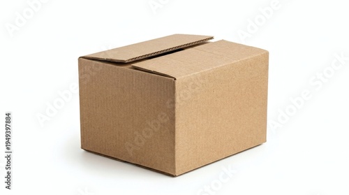 Simple brown cardboard box, partially open, ready for shipping or storage, isolated on a clean white background, representing delivery, packaging, and e-commerce
