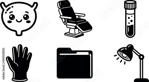 Vector set of black and white medical and office icons including bladder with face chair glove test tube folder and lamp illustrations