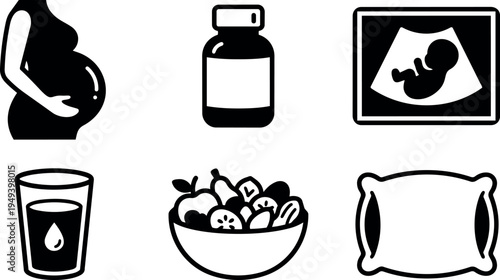 Minimalist flat design icons of pregnancy silhouette prenatal vitamins ultrasound water glass healthy fruit bowl and pillow set