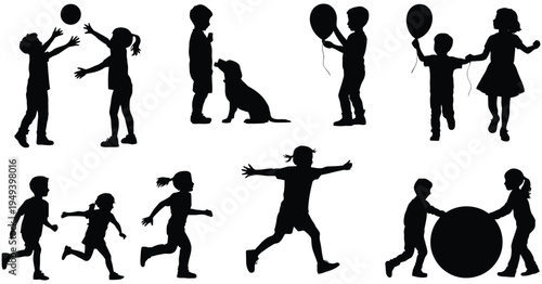 Children Playing Silhouettes Collection, Kids with Balloons, Dog, Ball and Frisbee Jumping, Happy Childhood Activity Vector Illustration Set, Education Theme Isolated Design Elements