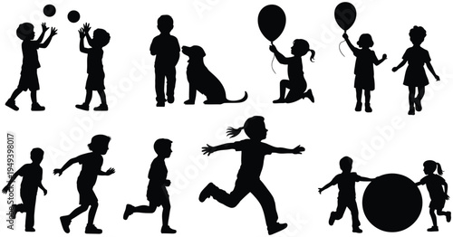 Children Playing Silhouettes Collection, Kids with Balloons, Dog, Ball and Frisbee Jumping, Happy Childhood Activity Vector Illustration Set, Education Theme Isolated Design Elements