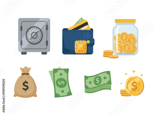 Financial icons including safe wallet coins money bag and banknotes on white background  financial concepts