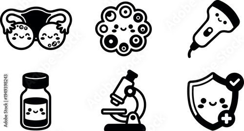 Cute smiling virus cell with shield and microscope icon set for medical testing and vaccine research vector art