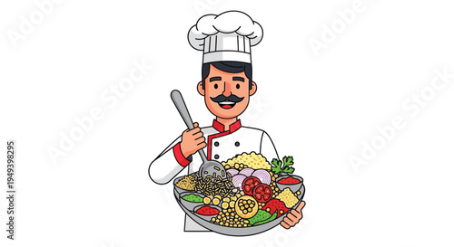 A cheerful chef presents a vibrant plate of indian food showcasing culinary skill and tradition silhouette high quality professional detailed