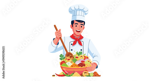 A cheerful chef stirring a colorful bowl of food with a wooden spoon displaying culinary expertise silhouette high quality professional