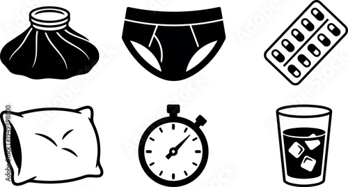 Black and white icons of ice bag underwear pills pillow stopwatch and iced drink isolated on white background