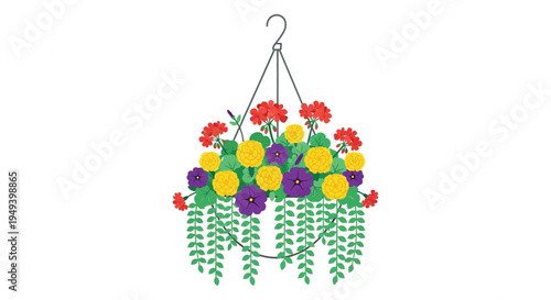 A colorful hanging basket overflowing with vibrant flowers including marigolds and lush green foliage silhouette high quality professional detailed modern elegant