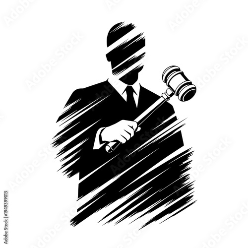 Abstract illustration of a judge holding gavel, rendered with dynamic bold black stroke lines creating a striking silhouette. Artwork depicts a faceless figure in a suit, presenting a judge gavel.