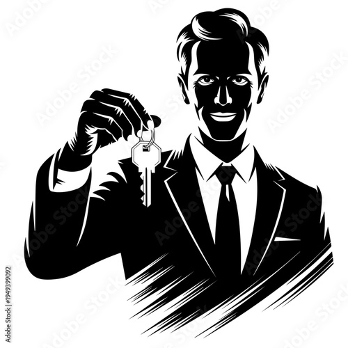 Smiling real estate agent presenting house keys with confident gesture, rendered with elegant abstract strokes. Professional real estate agent offers property solutions and housing opportunities.