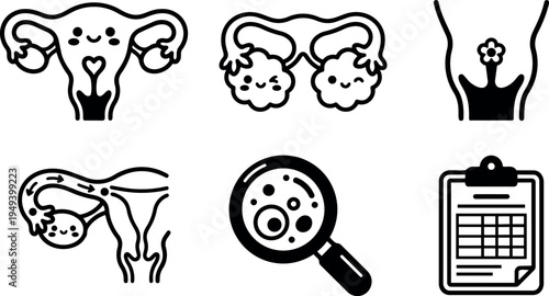 Cute black and white vector icons of female reproductive system with magnifying glass and medical clipboard in simple line art style