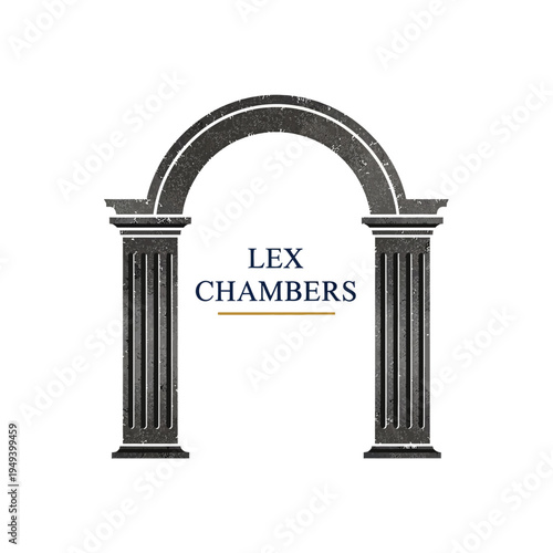Elegant Lex Chambers logo featuring classical pillars forming an archway, symbolizing strength and legal foundation, isolated white background.