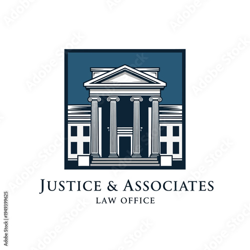 Professional law office logo with a classic courthouse building icon in a blue square frame, symbolizing justice and associates, isolated white background.