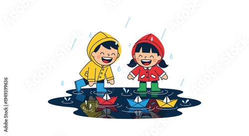 Two cheerful children in raincoats play with paper boats in puddles creating a joyful rainy day scene silhouette high quality