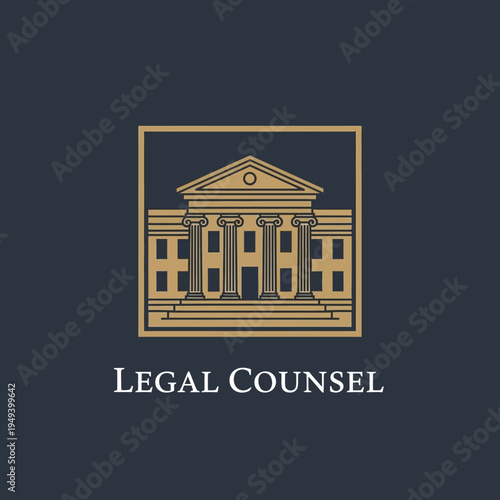 Elegant legal counsel logo featuring a classic courthouse building in a gold square frame, dark blue background.