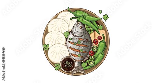 A vibrant circular illustration depicts a fish radishes peppers and sauce in a colorful artistic style silhouette high quality professional detailed