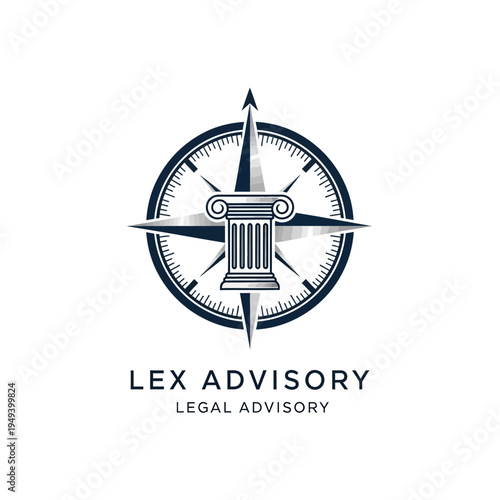 Compass rose emblem with classic pillar in the center, symbolizing Lex Advisory legal guidance and direction, isolated white background.