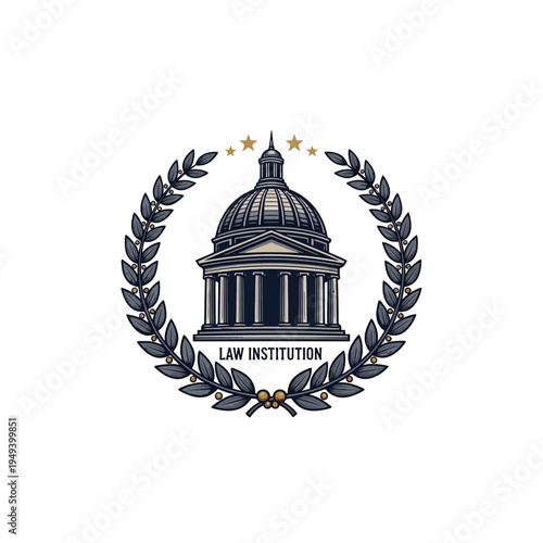Grand capitol dome or courthouse building logo encircled by a laurel wreath with stars, symbolizing a law institution, isolated white background.