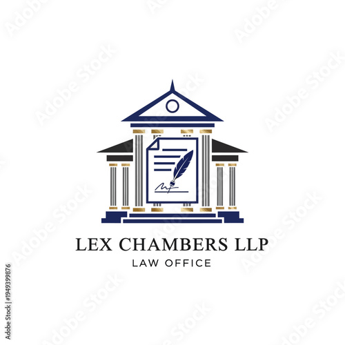 Professional law office building logo with document, signature, and quill pen, symbolizing legal chambers, isolated white background.