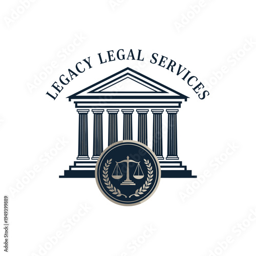 Traditional legal building logo with scales of justice and laurel wreath, symbolizing legacy legal services, isolated white background.