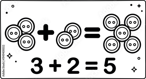 Minimalist black and white vector art showing button addition math equation with three plus two equals five buttons on white background