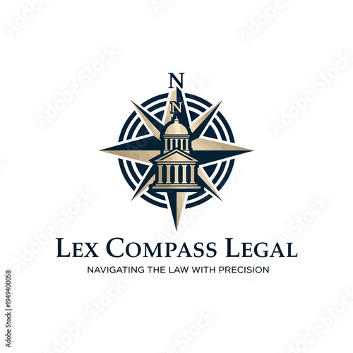 Lex Compass Legal Logo with Compass and Domed Courthouse Icon Representing Navigating the Law with Precision on Isolated White Background