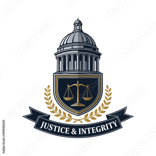 Justice and Integrity Law Firm Logo with Domed Courthouse, Scales of Justice, and Laurel Wreath Emblem on Isolated White Background