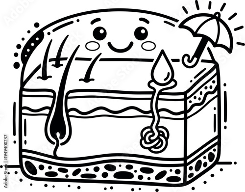 Cute smiling cartoon skin cross section with hair follicle sweat gland and sun protection umbrella black line vector illustration