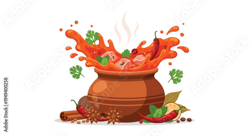 A vibrant illustration of a clay pot with splashing spicy sauce herbs and chili peppers a colorful silhouette high quality professional