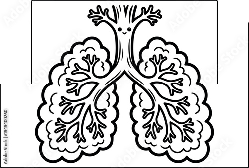 Cute smiling lung tree vector icon with airway branches and funny face black outline simple design symbol