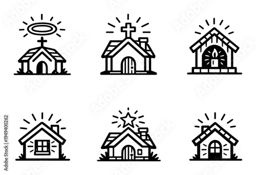 Church and house icons arranged in two rows on dark background